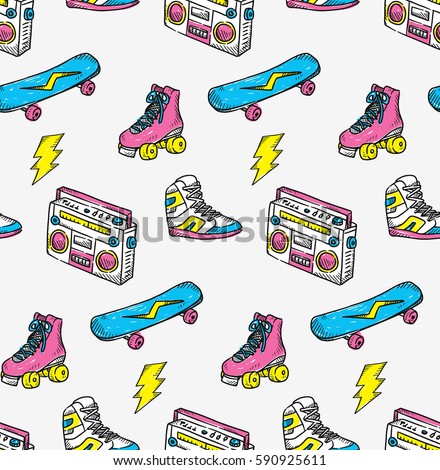 Vintage theme background with sneakers radio skateboard and roller skate Vintage theme background with sneakers radio skateboard and roller skate