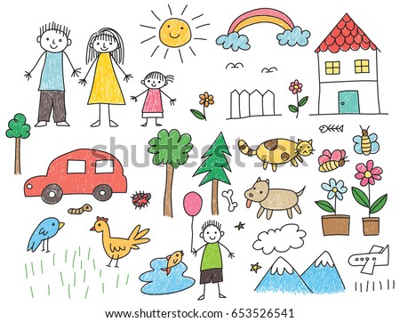 Kid drawing with family, car, animal, house and other object Kid drawing with family, car, animal, house and other object