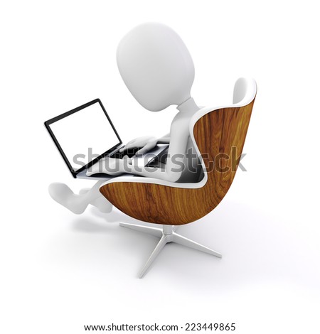 3d man sitting in a chair, working on laptop - stock photo 3d man sitting in a chair, working on laptop - stock photo