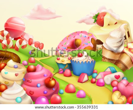 Sweet landscape, vector background - stock vector Sweet landscape, vector background - stock vector