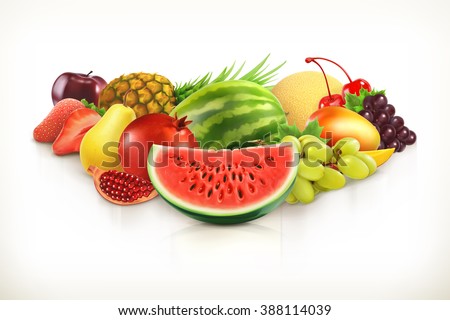 Harvest, juicy fruit and berries vector illustration isolated on white - stock vector Harvest, juicy fruit and berries vector illustration isolated on white - stock vector