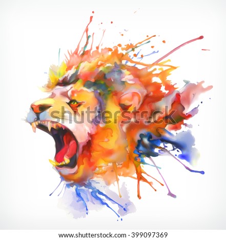 Watercolor painting. Roaring lion, vector illustration, isolated on a white background - stock vector Watercolor painting. Roaring lion, vector illustration, isolated on a white background - stock vector