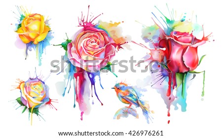 Watercolor roses, set of vector icons - stock vector Watercolor roses, set of vector icons - stock vector