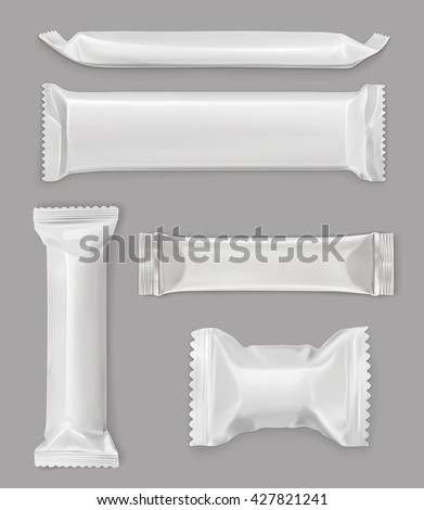 White polyethylene package, chocolate bar, vector mockup set - stock vector White polyethylene package, chocolate bar, vector mockup set - stock vector