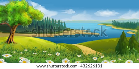 Nature landscape, stream valley, vector background - stock vector Nature landscape, stream valley, vector background - stock vector
