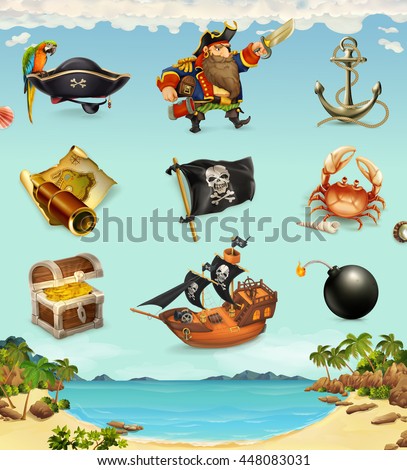 Sea pirates, funny character and objects, vector icon set - stock vector Sea pirates, funny character and objects, vector icon set - stock vector