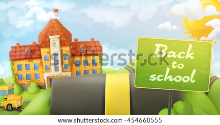 Back to school, road and sign, vector cartoon background - stock vector Back to school, road and sign, vector cartoon background - stock vector