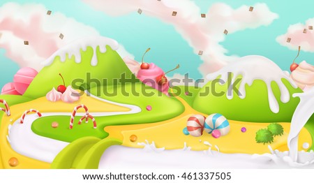 Candy land. Sweet landscape, vector 3d background - stock vector Candy land. Sweet landscape, vector 3d background - stock vector