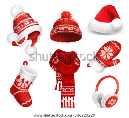 Winter clothes. Santa stocking cap. Knitted hat. Christmas sock. Scarf. Mitten. Earmuffs. 3d vector icon Winter clothes. Santa stocking cap. Knitted hat. Christmas sock. Scarf. Mitten. Earmuffs. 3d vector icon