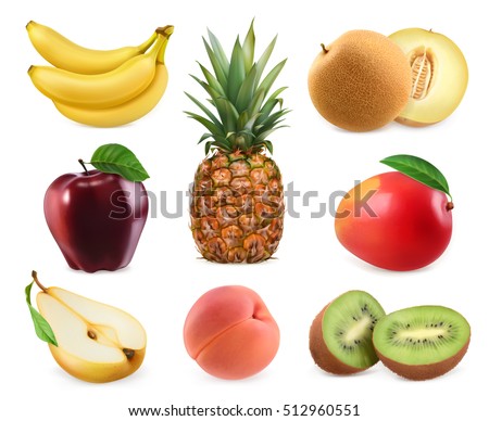 Sweet fruits. Banana, pineapple, apple, melon, mango, kiwi fruit, peach, pear. 3D vector icons set. Realistic illustrations Sweet fruits. Banana, pineapple, apple, melon, mango, kiwi fruit, peach, pear. 3D vector icons set. Realistic illustrations