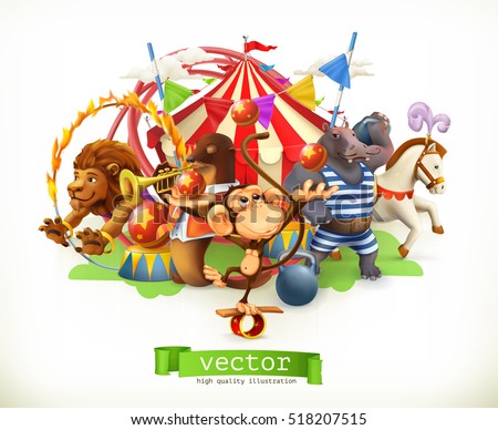 Circus, funny animals. Monkey, lion, horse, hippo. 3d vector Circus, funny animals. Monkey, lion, horse, hippo. 3d vector