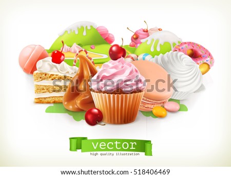 Sweet shop. Confectionery and desserts, cake, cupcake, candy, caramel. 3d vector illustration Sweet shop. Confectionery and desserts, cake, cupcake, candy, caramel. 3d vector illustration
