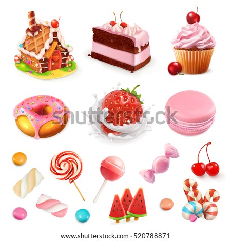 Confectionery and desserts. Strawberry and milk, cake, cupcake, candy, lollipop. Pink 3d vector icon set Confectionery and desserts. Strawberry and milk, cake, cupcake, candy, lollipop. Pink 3d vector icon set