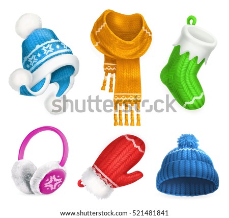 Winter clothes. Knitted hat. Christmas sock. Scarf. Mitten. Earmuffs. 3d vector icon set Winter clothes. Knitted hat. Christmas sock. Scarf. Mitten. Earmuffs. 3d vector icon set