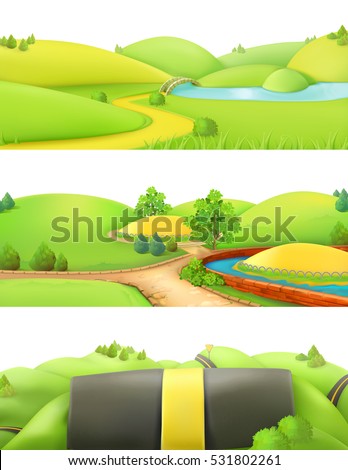 Nature landscape. Park and outdoor. Cartoon game background. 3d vector set Nature landscape. Park and outdoor. Cartoon game background. 3d vector set