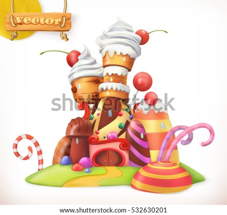 Sweet castle. Gingerbread house. Cake, cupcake, candy. 3d vector icon Sweet castle. Gingerbread house. Cake, cupcake, candy. 3d vector icon