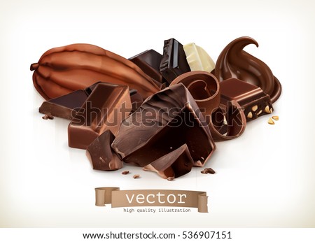 Chocolate bars, candy, slices, shavings and pieces, vector illustration isolated on white Chocolate bars, candy, slices, shavings and pieces, vector illustration isolated on white