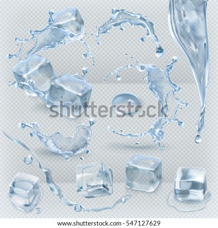 Water splashing and ice cube with transparency, 3d vector set Water splashing and ice cube with transparency, 3d vector set
