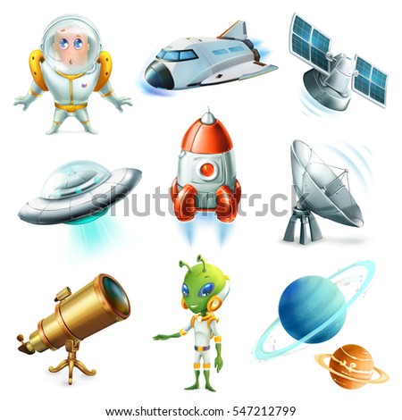 Space, spaceship, planet, spaceman, ufo and satellite. 3d vector icon set Space, spaceship, planet, spaceman, ufo and satellite. 3d vector icon set