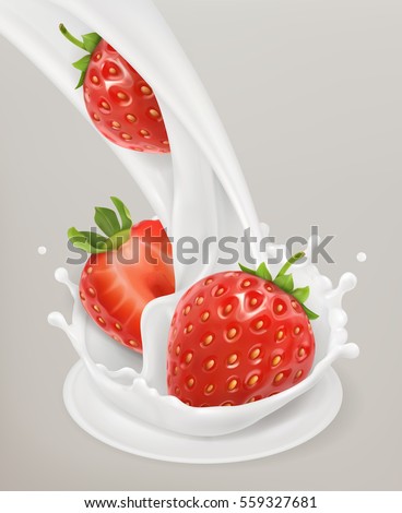 Milk splash and strawberry 3d vector object. Natural dairy products Milk splash and strawberry 3d vector object. Natural dairy products