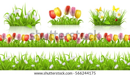 Spring seamless pattern, grass and flowers. 3d vector set Spring seamless pattern, grass and flowers. 3d vector set