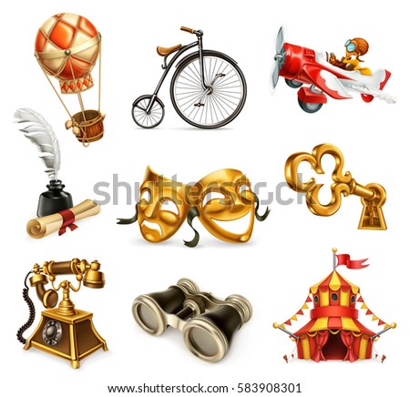 Old objects. Vintage icon set, 3d vector Old objects. Vintage icon set, 3d vector