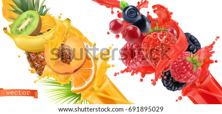 Fruit burst. Splash of juice. Sweet tropical fruits and mixed forest berries. 3d realistic vector icon set Fruit burst. Splash of juice. Sweet tropical fruits and mixed forest berries. 3d realistic vector icon set