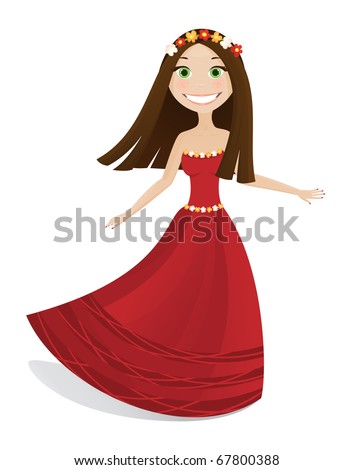 Cartoon Girl Red Dress Raster Version Stock Illustration 67800388