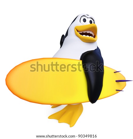 surfer penguin going to surf side up view - stock photo