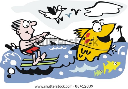 Stock Vector Vector Cartoon Of Man Water Skiing With Large Fish 88412809 