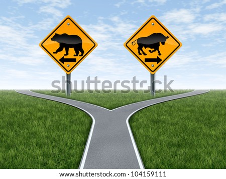 Stock market bull and bear representing the concepts of greed versus fear as a wall street financial crossroads challenge in a confused direction choice on a blue sky with summer landscape. - stock photo