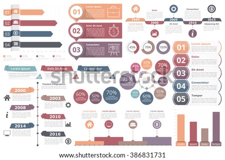 Set of infographic elements - bar graphs, timelines, circle diagram, flowchart, objects with percents, numbers, text and icons, business infographics, vector eps10 illustration - stock vector Set of infographic elements - bar graphs, timelines, circle diagram, flowchart, objects with percents, numbers, text and icons, business infographics, vector eps10 illustration - stock vector