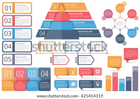 Set of infographic elements - objects with text numbers and icons, timeline, circle diagram, pyramid, bar graph, vector eps10 illustration - stock vector Set of infographic elements - objects with text numbers and icons, timeline, circle diagram, pyramid, bar graph, vector eps10 illustration - stock vector