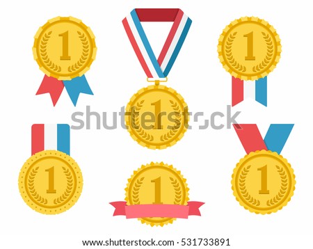 Golden medals with ribbons, first place award, flat design, vector eps10 illustration Golden medals with ribbons, first place award, flat design, vector eps10 illustration