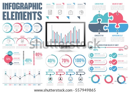 Infographic elements - process infographics, percents, bar chart and line chart, steps, options, timeline infographics, pie chart, puzzle cloud, vector eps10 illustration Infographic elements - process infographics, percents, bar chart and line chart, steps, options, timeline infographics, pie chart, puzzle cloud, vector eps10 illustration