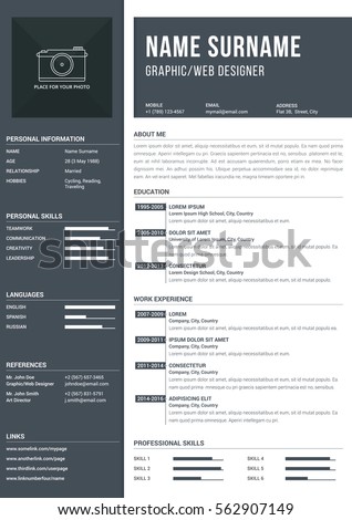 Modern a4 one page resume template with timelines for education and work experience, vector eps10 illustration Modern a4 one page resume template with timelines for education and work experience, vector eps10 illustration