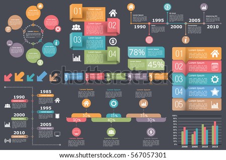 Set of infographic elements - circle diagram, timelines, arrows, diagram with percents, bar graph, objects with numbers (steps or options) and text, vector eps10 illustration Set of infographic elements - circle diagram, timelines, arrows, diagram with percents, bar graph, objects with numbers (steps or options) and text, vector eps10 illustration