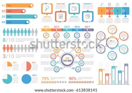 Set of most useful infographic elements - bar graphs, human infographics, pie charts, steps and options, workflow, puzzle, percents, circle diagram, timeline, vector eps10 illustration Set of most useful infographic elements - bar graphs, human infographics, pie charts, steps and options, workflow, puzzle, percents, circle diagram, timeline, vector eps10 illustration