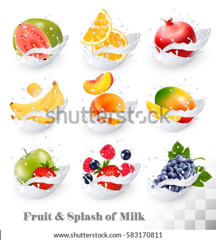 Big collection icons of fruit in a milk splash. Guava, banana, orange, apple, grapes, strawberry, pomegranate, peach, mango. Vector Set Big collection icons of fruit in a milk splash. Guava, banana, orange, apple, grapes, strawberry, pomegranate, peach, mango. Vector Set