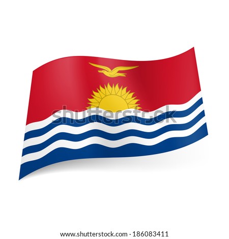 National Flag Of Kiribati: Ocean Image With Sun And Bird Above On Red 