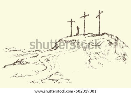Three historic jew old tomb roods. Traditional lent crucified scene isolated on white backdrop. Outline black ink hand drawn picture sketch in doodle retro style pen on paper and space for text on sky Three historic jew old tomb roods. Traditional lent crucified scene isolated on white backdrop. Outline black ink hand drawn picture sketch in doodle retro style pen on paper and space for text on sky