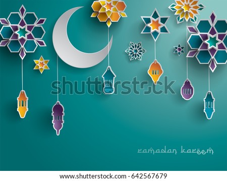 Paper graphic of Islamic decoration. Geometry art, Crescent moon and Arabic lantern. Ramadan Kareem - Glorious month of Muslim year. Paper graphic of Islamic decoration. Geometry art, Crescent moon and Arabic lantern. Ramadan Kareem - Glorious month of Muslim year.