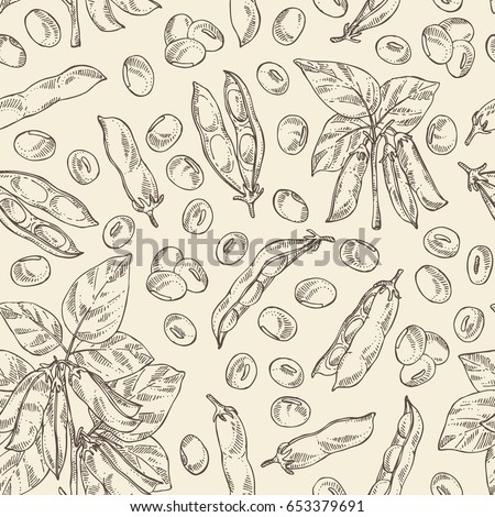 Seamless pattern with soybean: bean, soy pod, plant and leaves. Vector hand drawn illustration. Seamless pattern with soybean: bean, soy pod, plant and leaves. Vector hand drawn illustration.