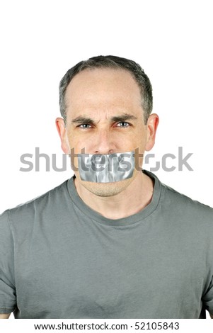 Portrait of angry man with duct tape over his mouth - stock photo - stock-photo-portrait-of-angry-man-with-duct-tape-over-his-mouth-52105843
