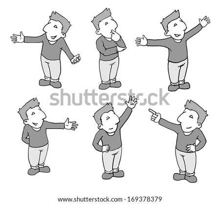 set of cute cartoon male characters, in different positions, vector