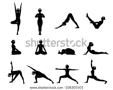 of vector set poses  illustration yoga asana asanas.  stock Vector twelve yoga