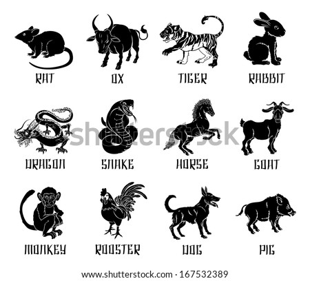 Illustrations or icons of all twelve Chinese zodiac animals - stock vector