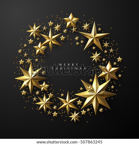 Christmas Wreath made of Cutout Gold Foil Stars on Black Background. Chic Christmas Greeting Card. Christmas Wreath made of Cutout Gold Foil Stars on Black Background. Chic Christmas Greeting Card.