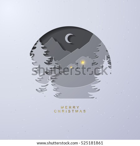 Layered cut out paper Christmas postcard with Winter Landscape and Stylized Mountain Village at Moonlit Night. Layered cut out paper Christmas postcard with Winter Landscape and Stylized Mountain Village at Moonlit Night.