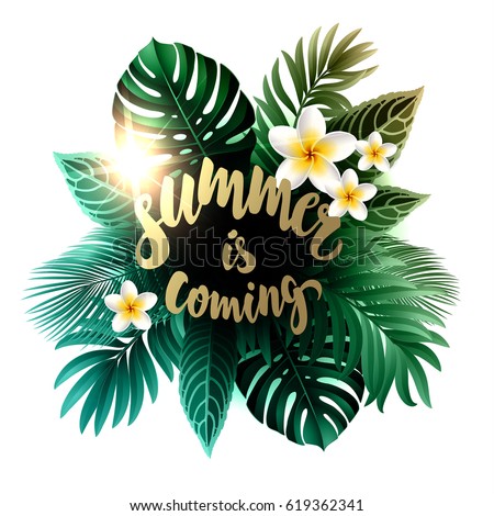 Summer Composition with Leaves and Flowers of Tropical Exotic Plants for Party or Wedding Invitation, Flyer or Travel Advertising. Summer Composition with Leaves and Flowers of Tropical Exotic Plants for Party or Wedding Invitation, Flyer or Travel Advertising.